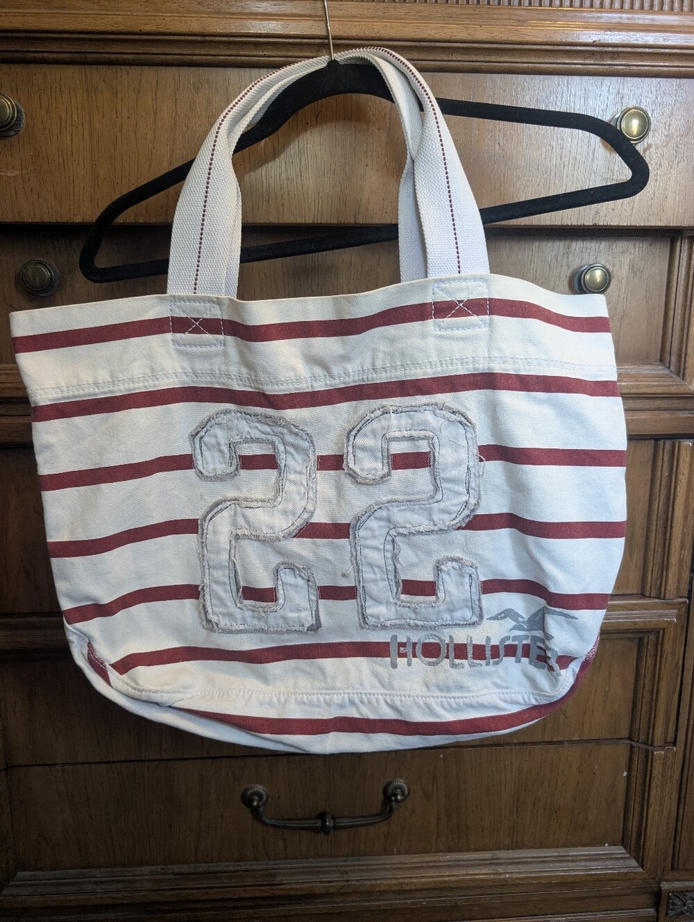 y2k Hollister White and Red Striped Canvas Tote with Stitched '22'